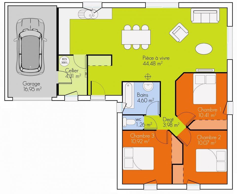 Plan de maison plain pied 3 chambres 90m2
