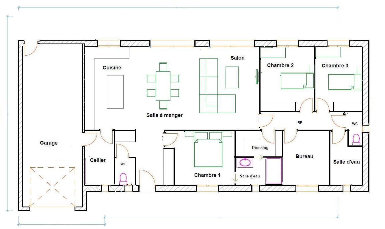 Plan de maison plain pied d'architecte