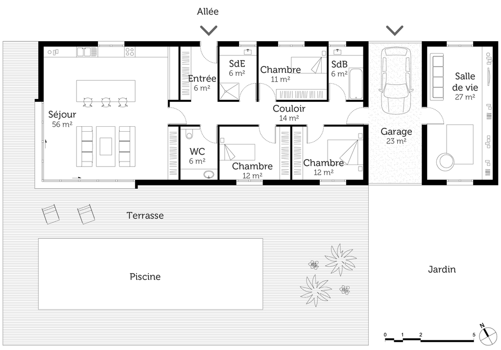 Plan maison plain pied longere