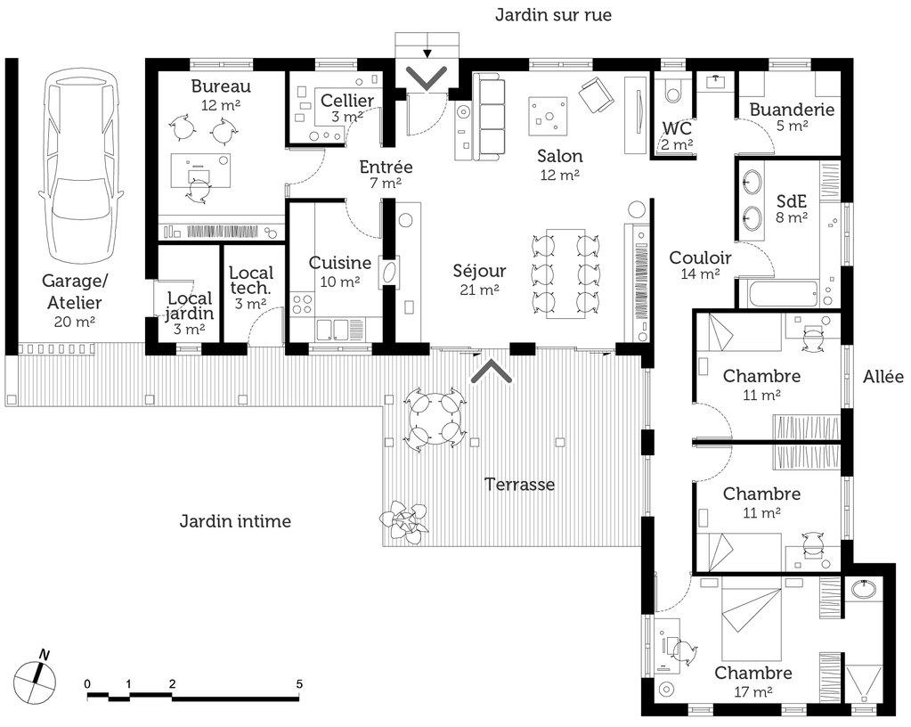 Plan maison plain pied entree nord