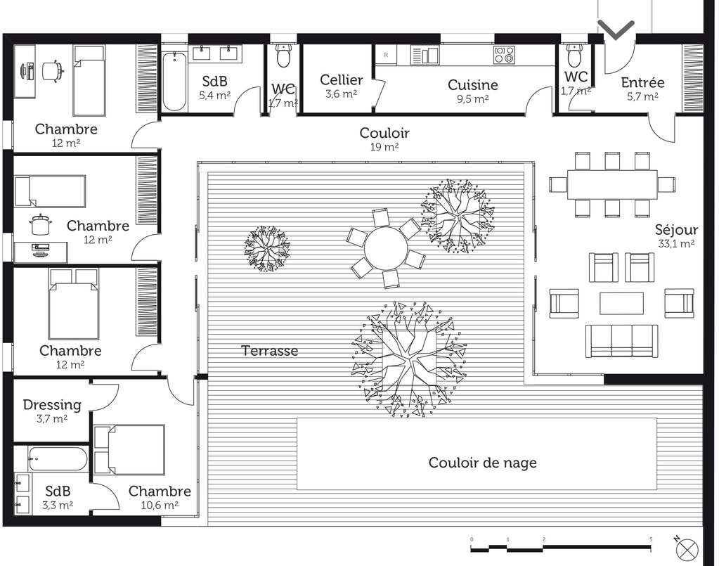 Plan de maison en u 3 chambres