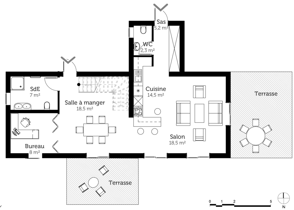 Plan de maison avec 2 chambres et un bureau