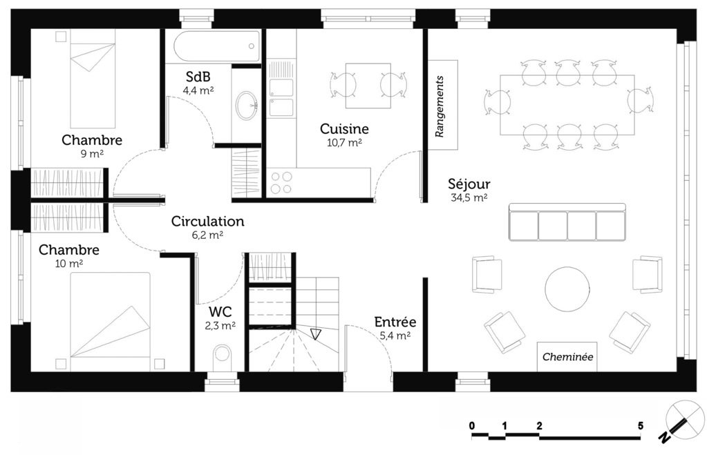 Plan maison 2 chambres rez de chaussée