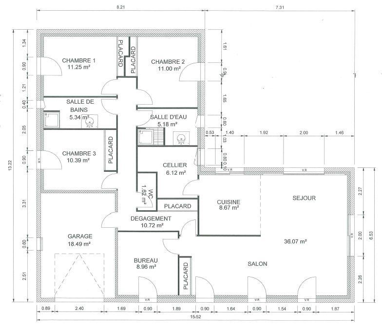Plan d'une maison plain pied de 120m2
