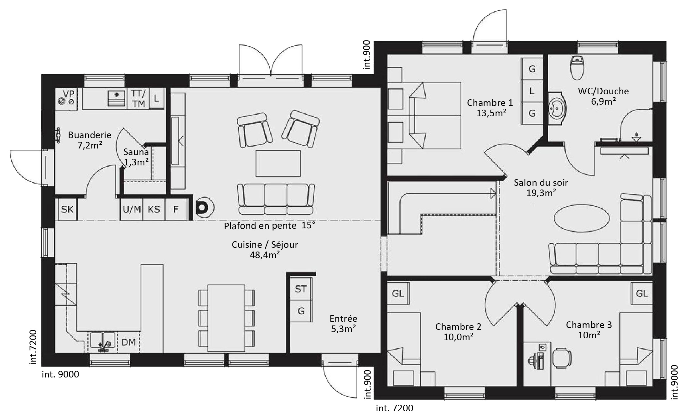 Plan de maison basse 5 pièces