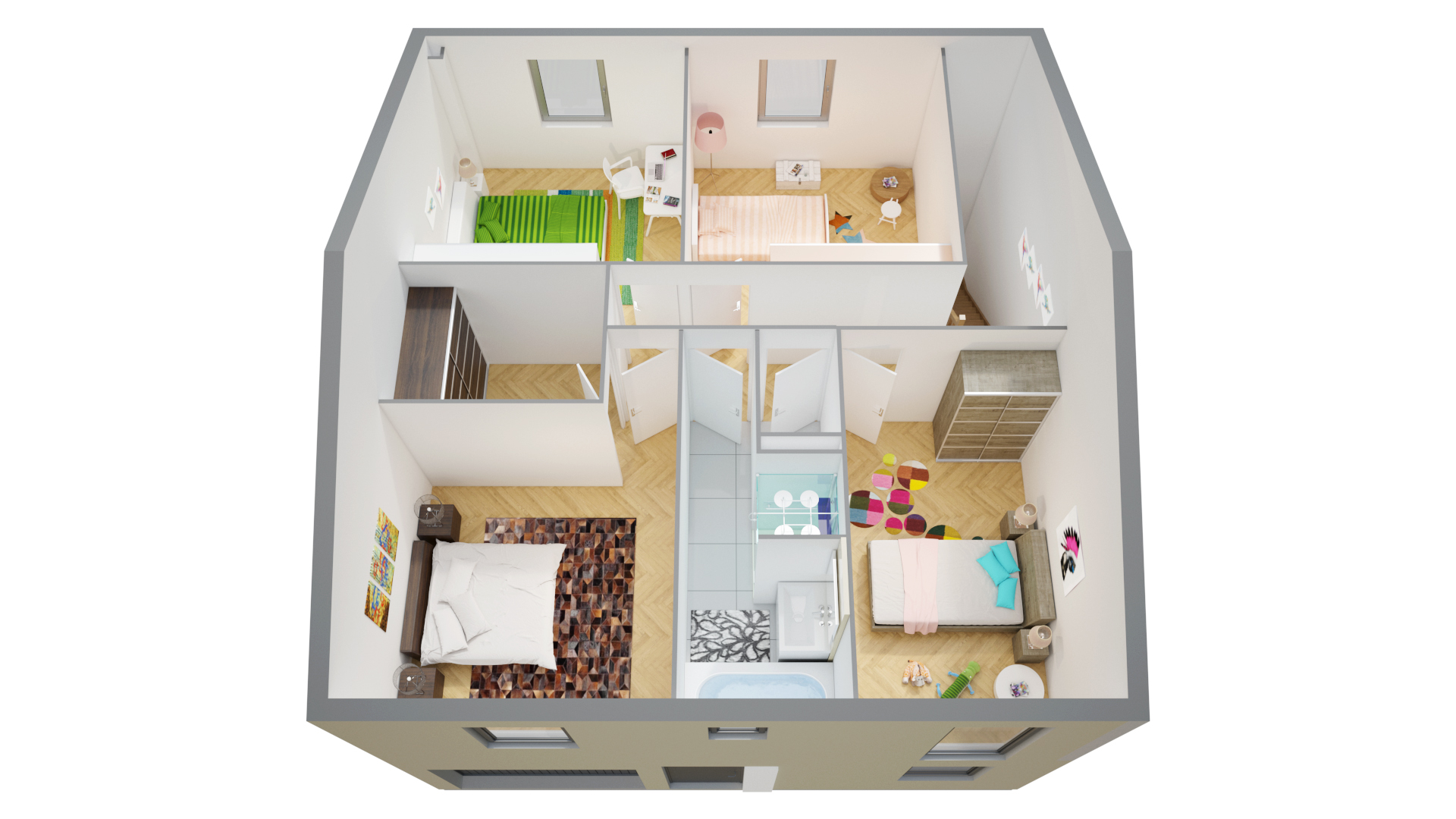 Plan de maison simple 2 chambres en 3d