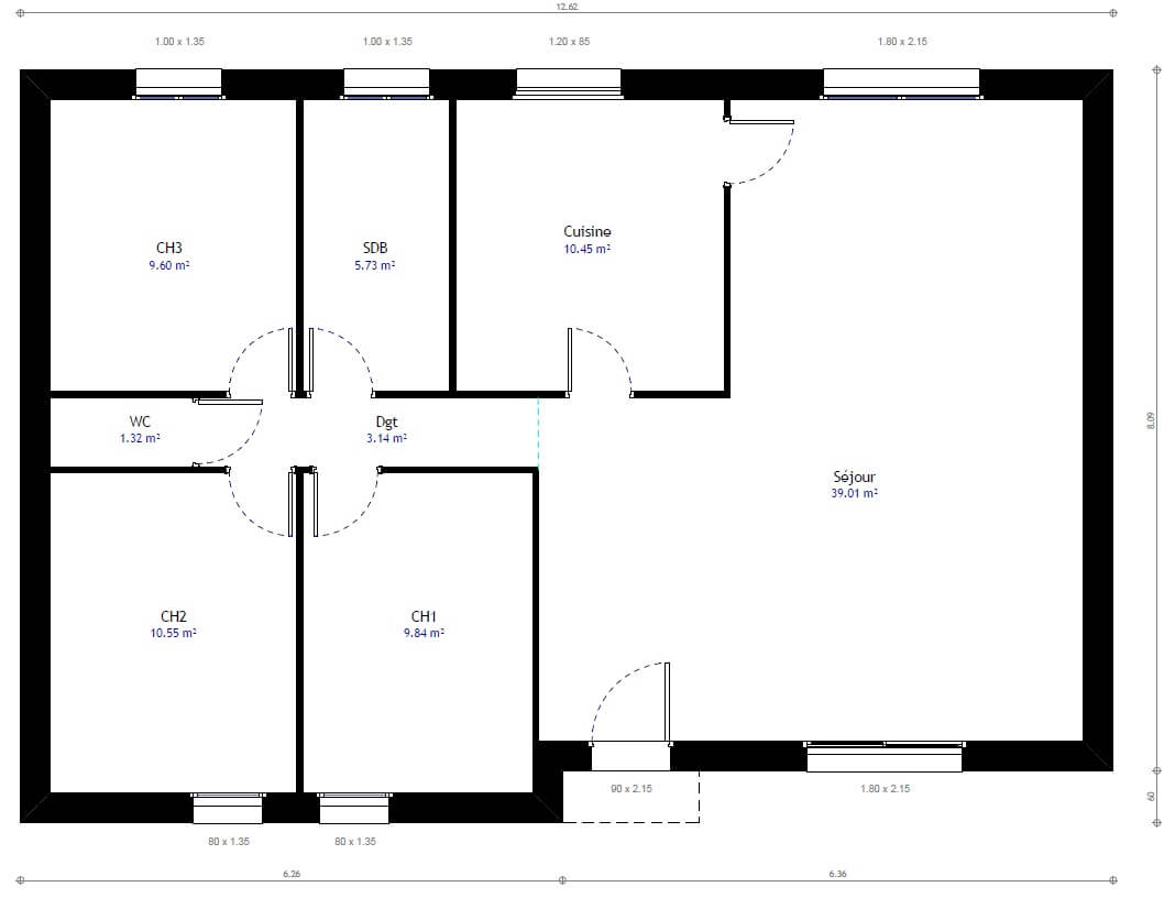 Plan de maison plein pied 3 chambre