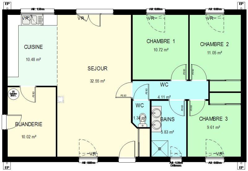 Plan de maison simple 3 chambres sans garage