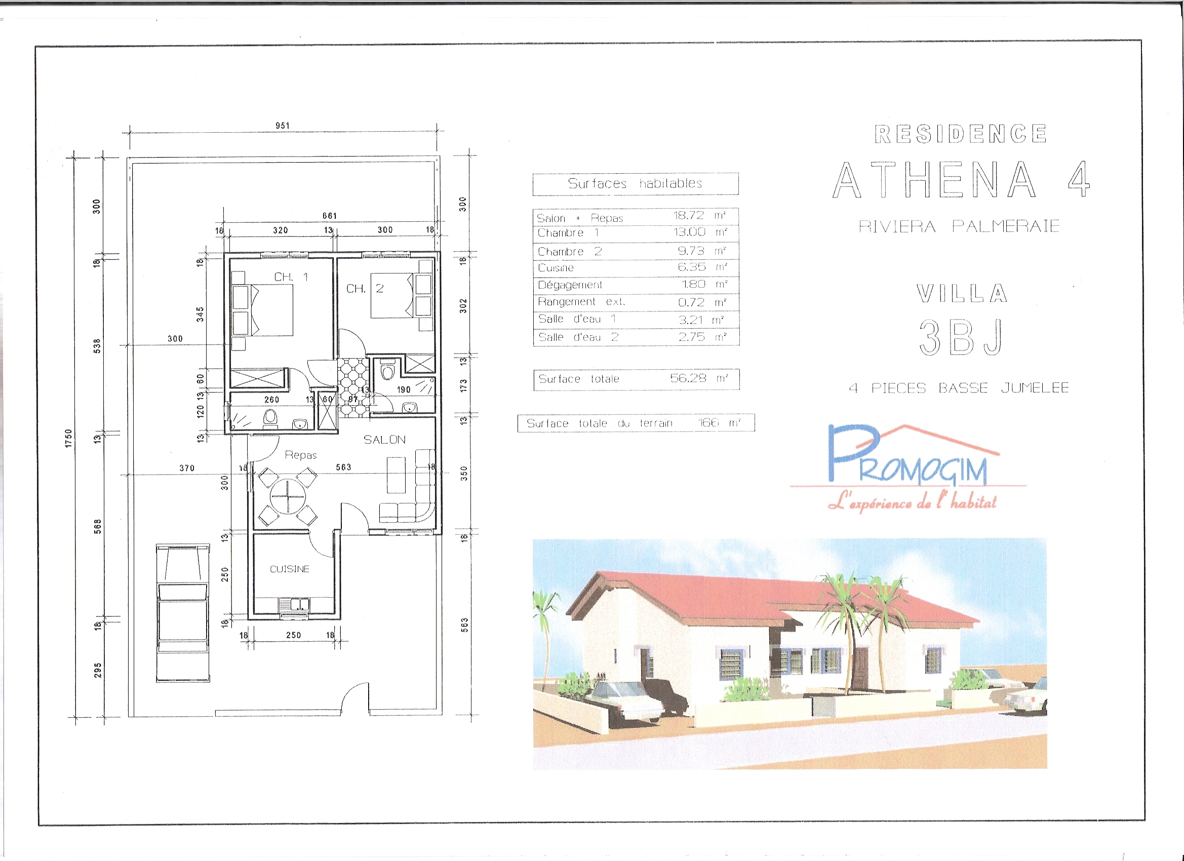 Plan de maison basse 4 pièces avec terrasse