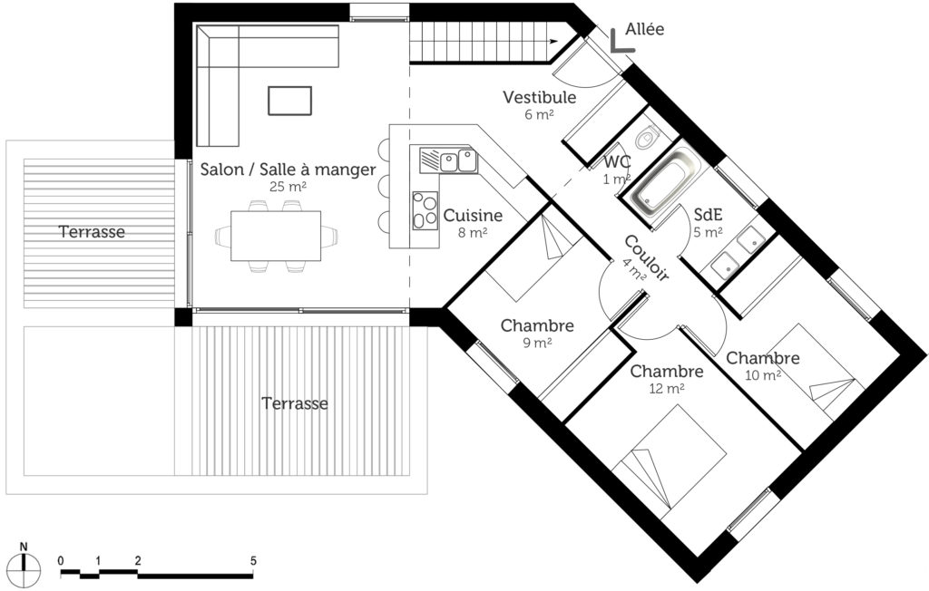 Plan de maison en v plain pied avec garage