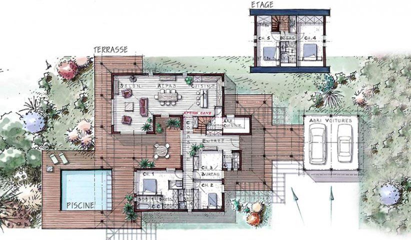 Plan de maison contemporaine 5 chambres