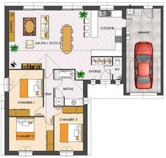 Plan de maison moderne plain pied 3 chambres