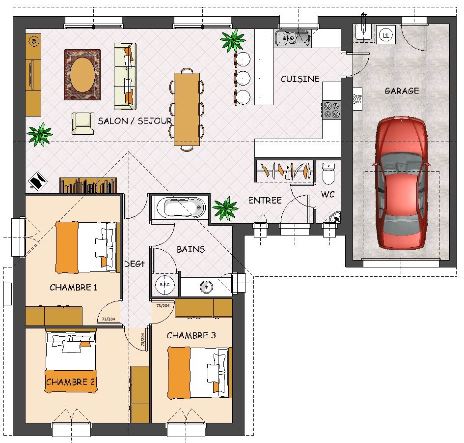 Plan de maison simple 3 chambres en 3d
