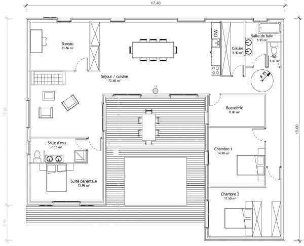 Plan de maison plain pied 4 chambres en u