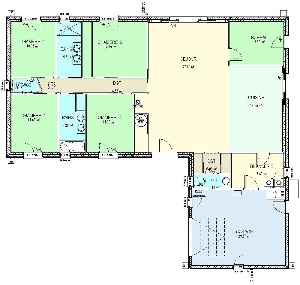 Plan maison plain pied design