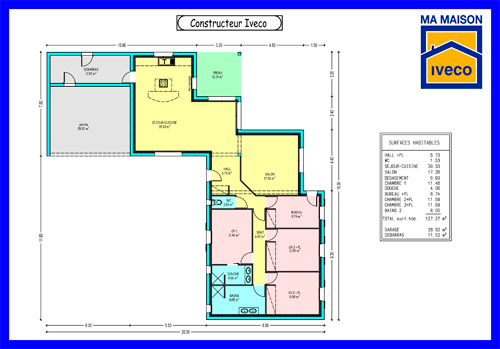 Plan de maison en l plain pied 4 chambres