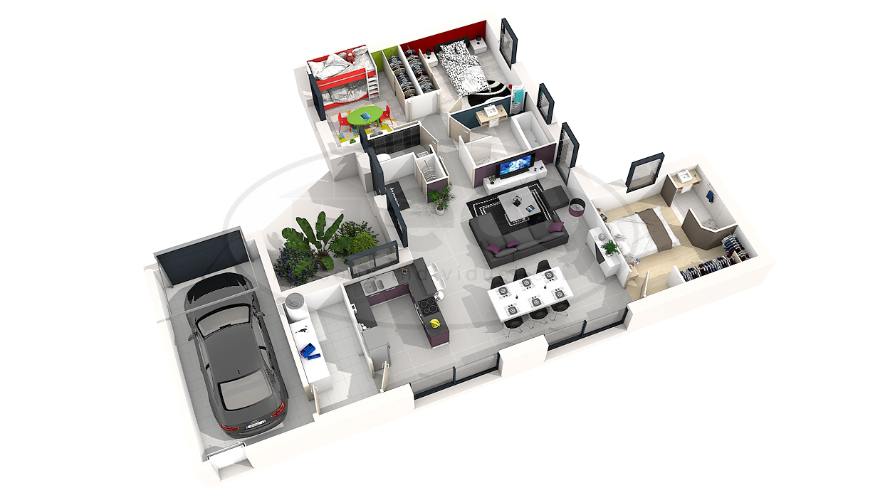 Plan de maison avec 3 chambre en 3d
