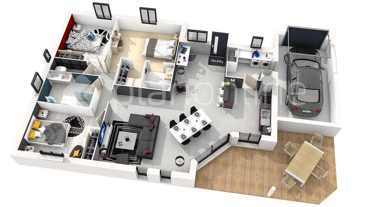 Plan de maison grande piece a vivre