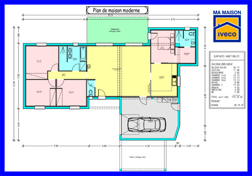 Plan de maison plain pied 2 chambres et garage