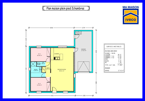 Plan de maison à 2 chambres