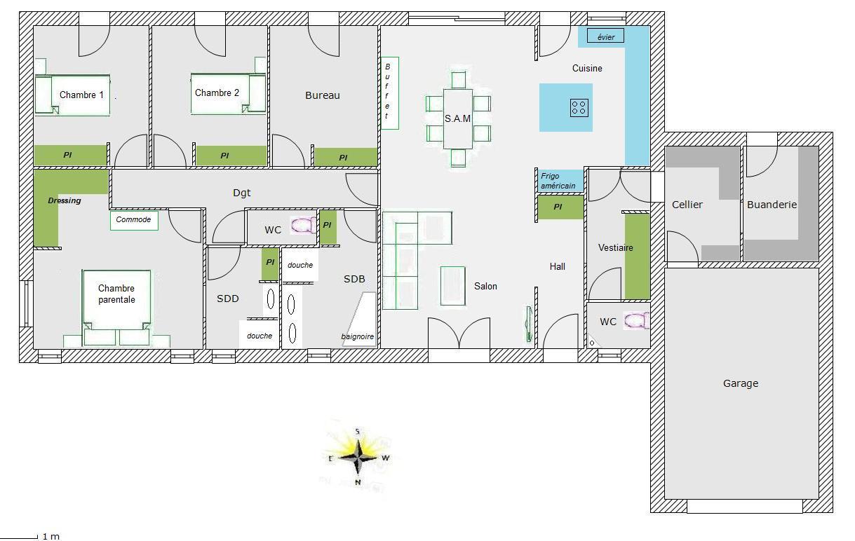 Plan de maison plain pied rectangulaire 3 chambres