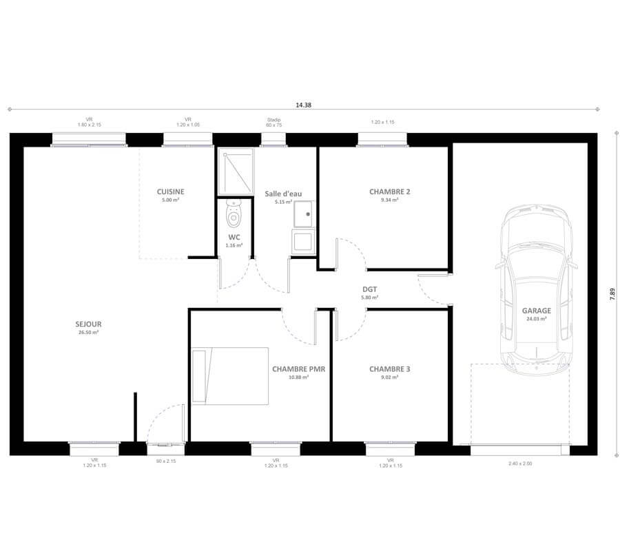Plan maison plain pied 2 chambres 2 salles de bain