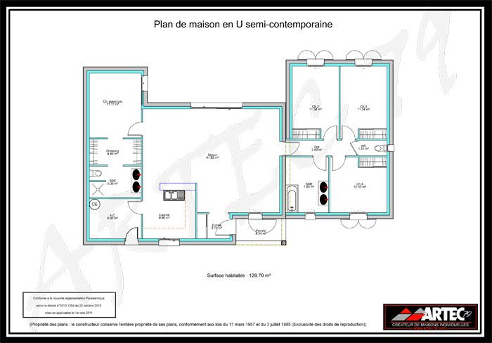 Plan de maison en u 100m2