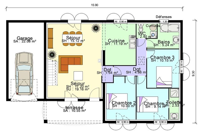 Plan de maison plein pied 2 chambres