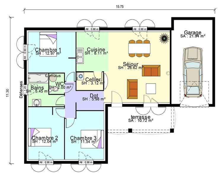 Plan de maison trois chambres