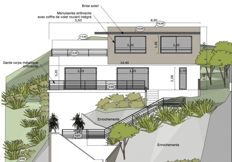 Plan de maison construite en pente