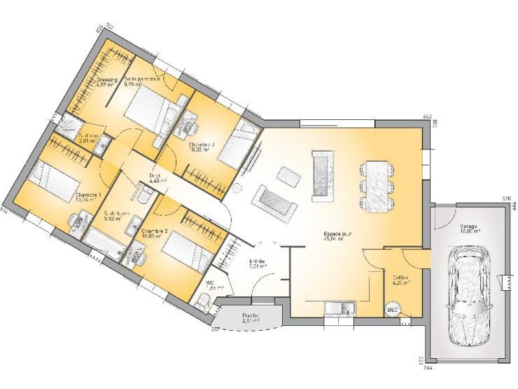 Plan maison en v 3 chambres