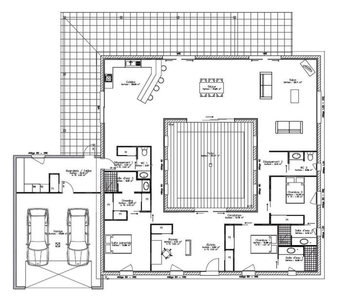 Plan maison plain pied avec patio interieur