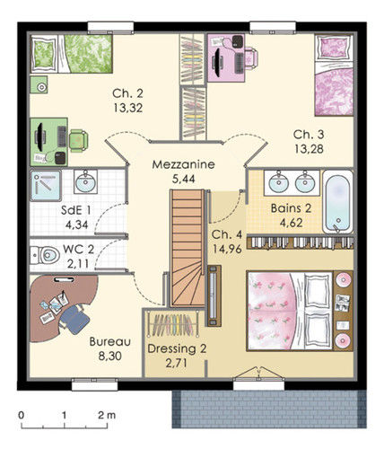 Plan de maison à étage 90 m2