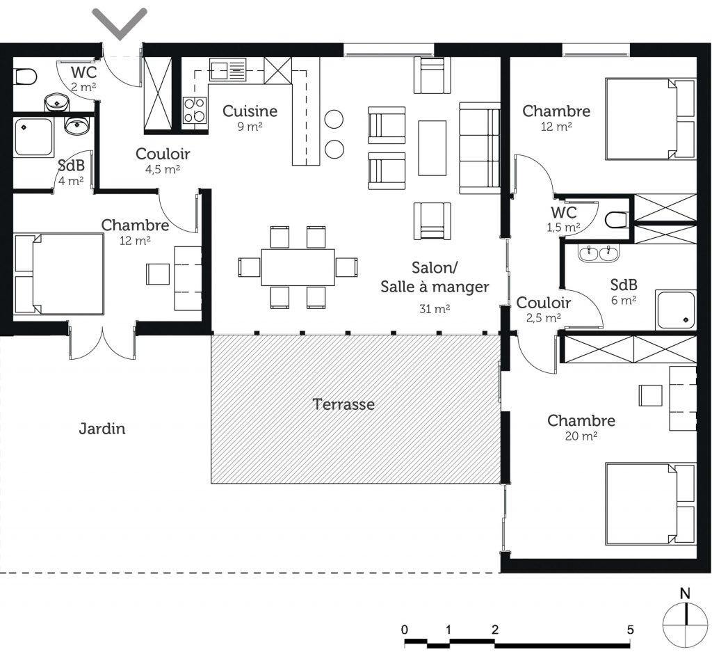 Plan de maison plain pied 1 chambres - Idées de travaux