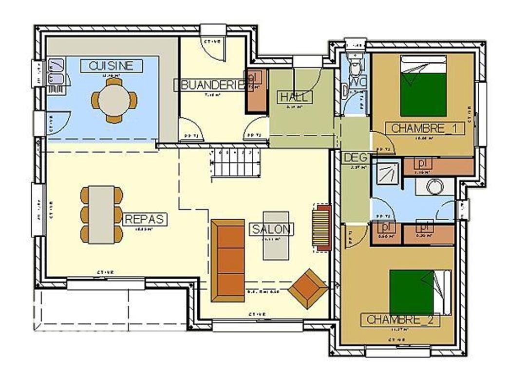 Plan de maison contemporaine avec 2 chambres