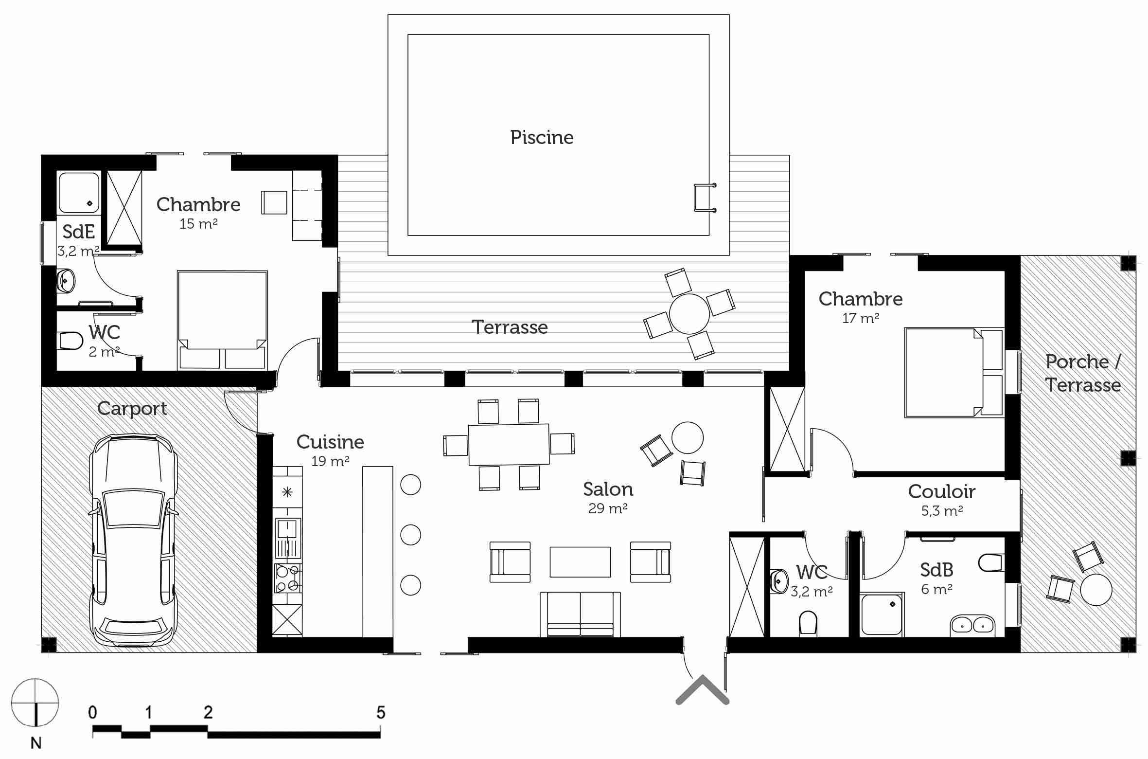 Plan de maison plain pied 3 chambres en u