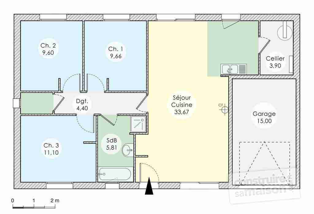 Plan maison de plain pied 3 chambres