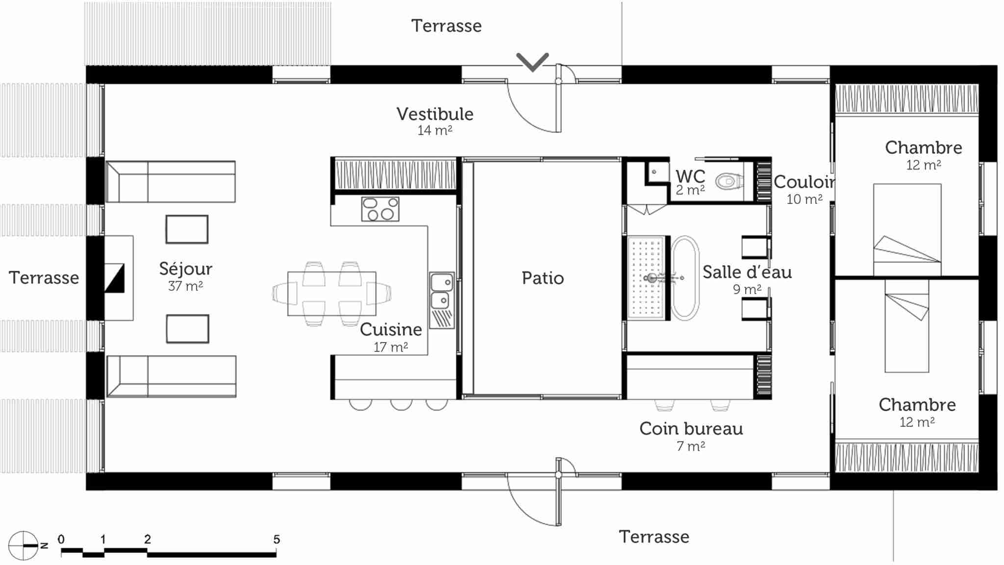 Plan de maison plain pied rectangulaire