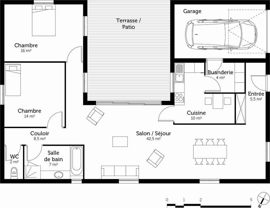 Plan de maison en u 5 chambres