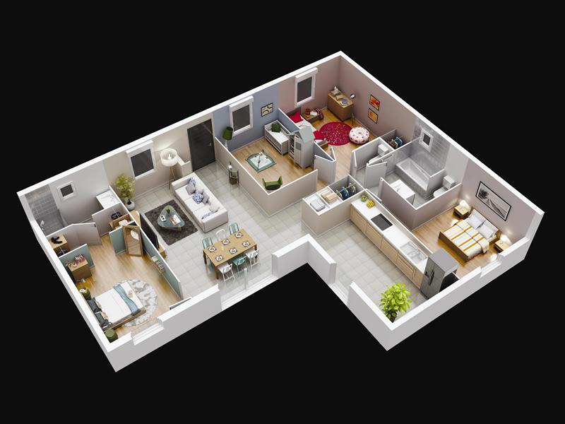 Plan de maison plain pied 3 pieces