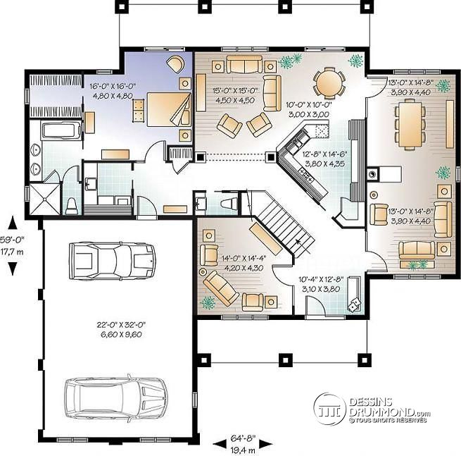Plan de maison avec 6 chambres