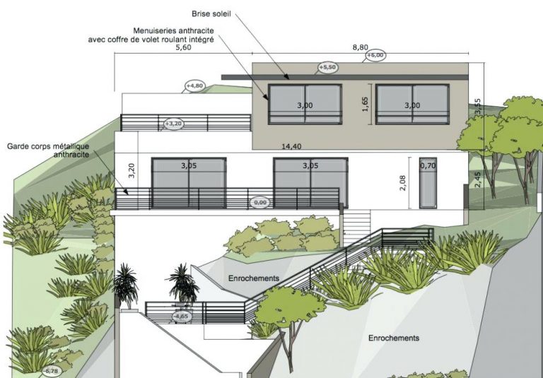 Plan de maison contemporaine sur terrain en pente