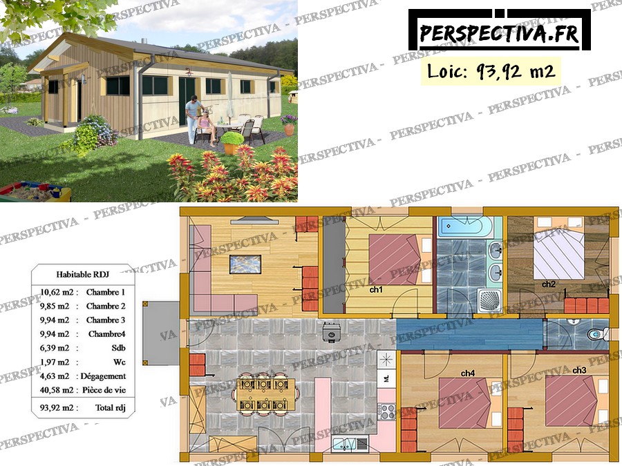 Plan de maison en bois avec 4 chambres