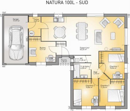 Plan de maison en l plain pied avec garage