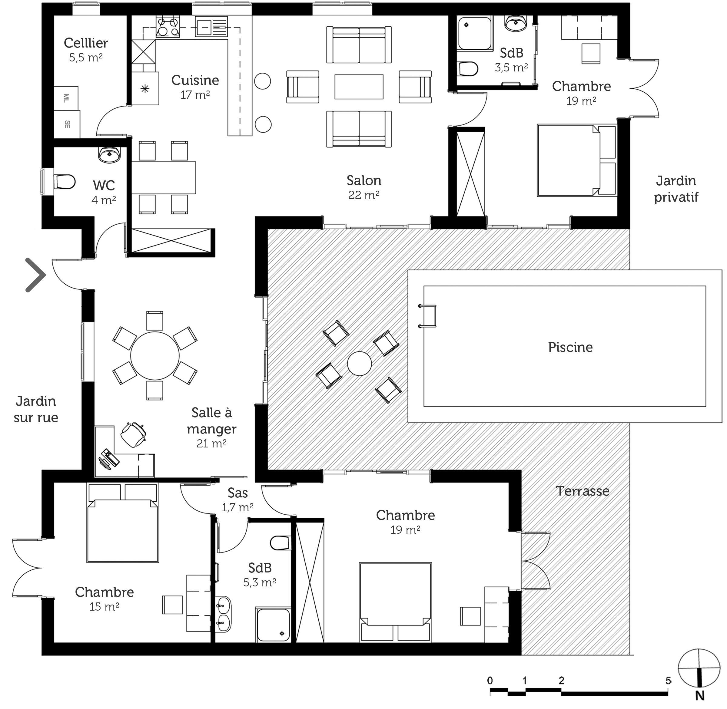 Plan de maison plain pied 5 chambres en u