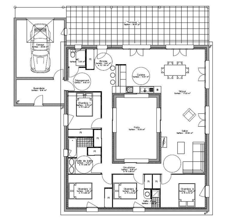 Plan de maison de plain pied avec patio