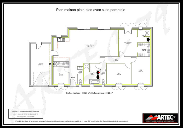 Plan maison 2 chambres avec suite parentale