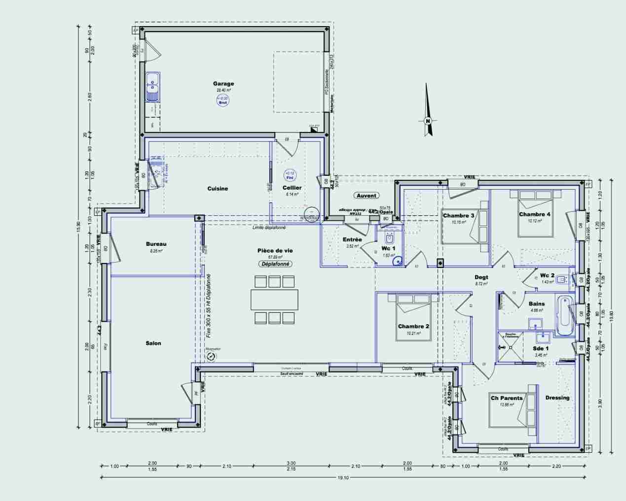 Plan de maison en v plain pied 4 chambres 140 m2