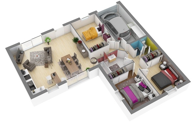 Plan de maison plain pied en 3d