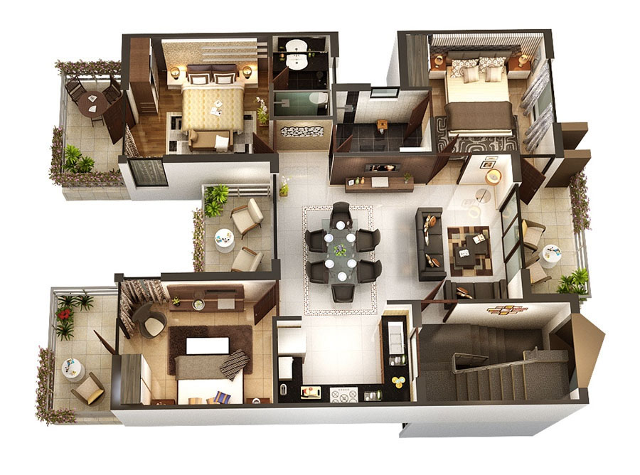 Plan de maison 3 chambres en 3d